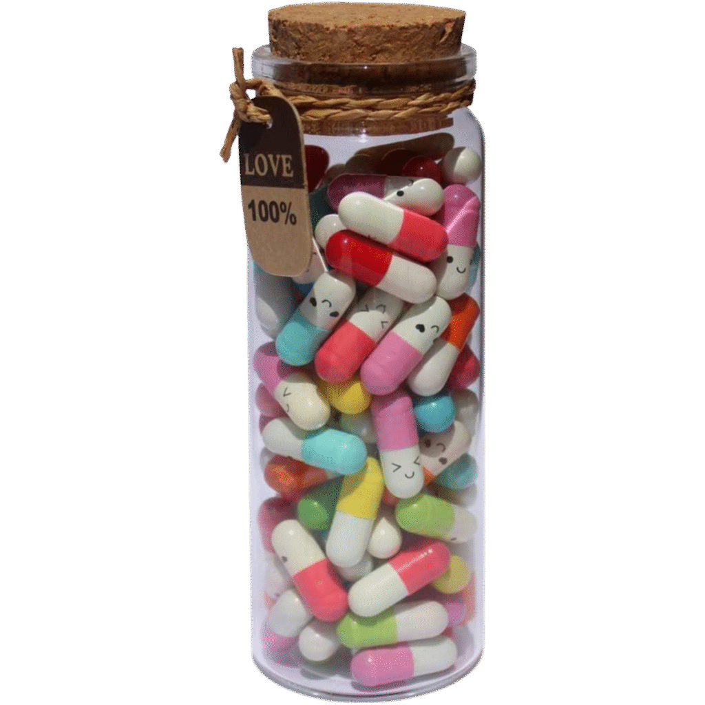 How to Make Your Boyfriend Feel Special (From a Guy's POV) 4 Glass jar filled with colorful capsule-shaped message pills featuring cute faces, sealed with a cork and twine, labeled with a "LOVE 100%" tag.