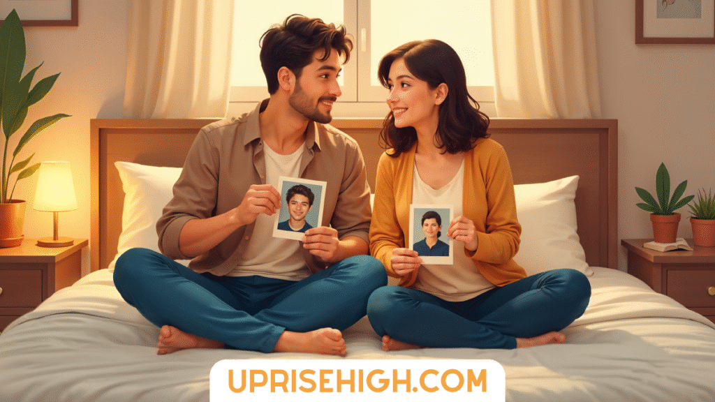 Ditch Netflix: Try These 20 Intimate Bedroom Dates 3 illustration of a couple sitting cross-legged on a bed holding childhood school photos of themselves, in a warm-lit bedroom with potted plants and nightstands