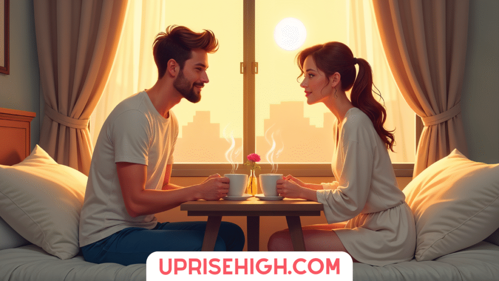 Ditch Netflix: Try These 20 Intimate Bedroom Dates 4 Digital illustration of a couple having morning coffee at a small table by a window with golden sunrise light, sitting on opposite sides of a window-side bed