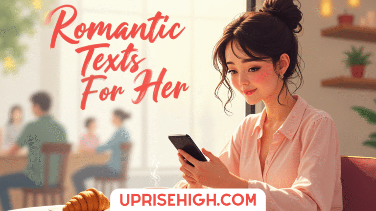 illustration of a young woman with hair in a bun, wearing a pink blouse, smiling while reading her phone in a café setting with "Romantic Texts For Her" in red script text