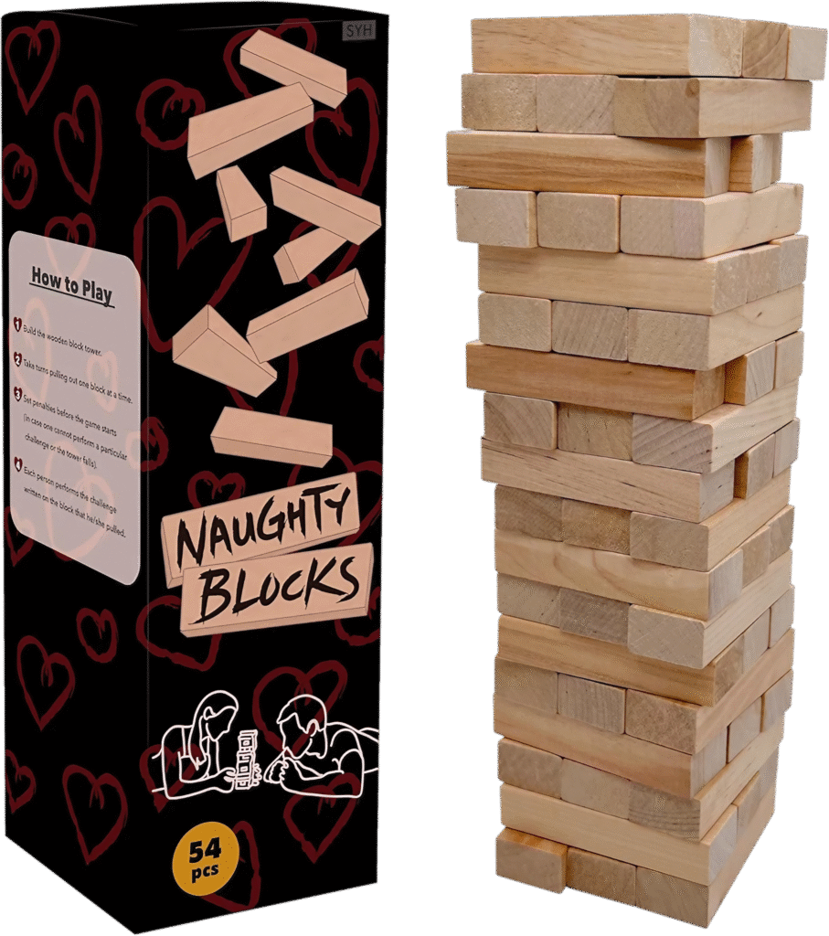 Ditch Netflix: Try These 20 Intimate Bedroom Dates 8 Product image showing "Naughty Blocks" game with packaging on left and wooden tower blocks on right. The black box with red hearts features "How to Play" instructions, 54 pieces notation, and adult-oriented couples gameplay similar to Jenga but with romantic elements.