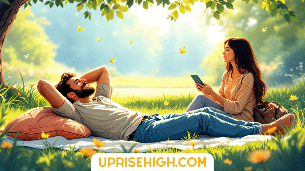 How to Make Your Boyfriend Feel Special (From a Guy's POV) 3 A couple relaxing on a picnic blanket in a sunny meadow, with the person lying down on a pillow while their companion sits reading a device, surrounded by butterflies and flowers
