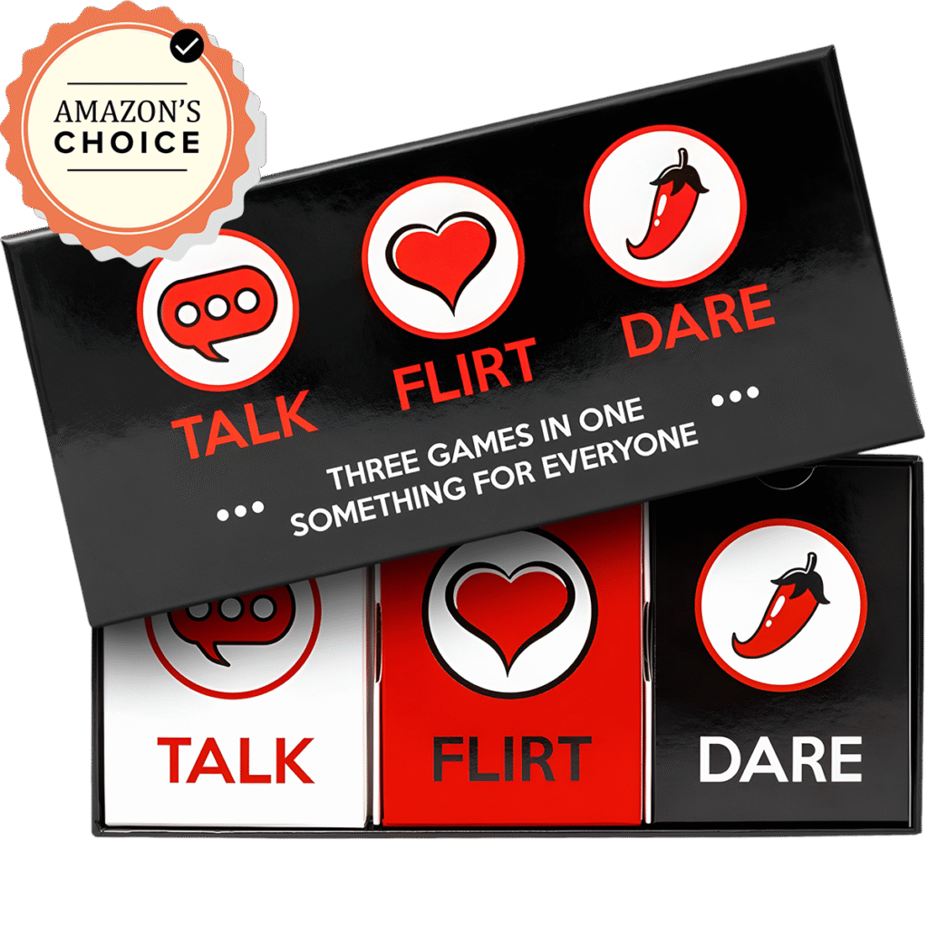 Ditch Netflix: Try These 20 Intimate Bedroom Dates 7 Product image of "TALK FLIRT DARE" party game with "Amazon's Choice" badge, featuring a black box with three card decks inside (white "TALK" deck with speech bubble icon, red "FLIRT" deck with heart icon, and black "DARE" deck with chili pepper icon). The box states "THREE GAMES IN ONE... SOMETHING FOR EVERYONE..."