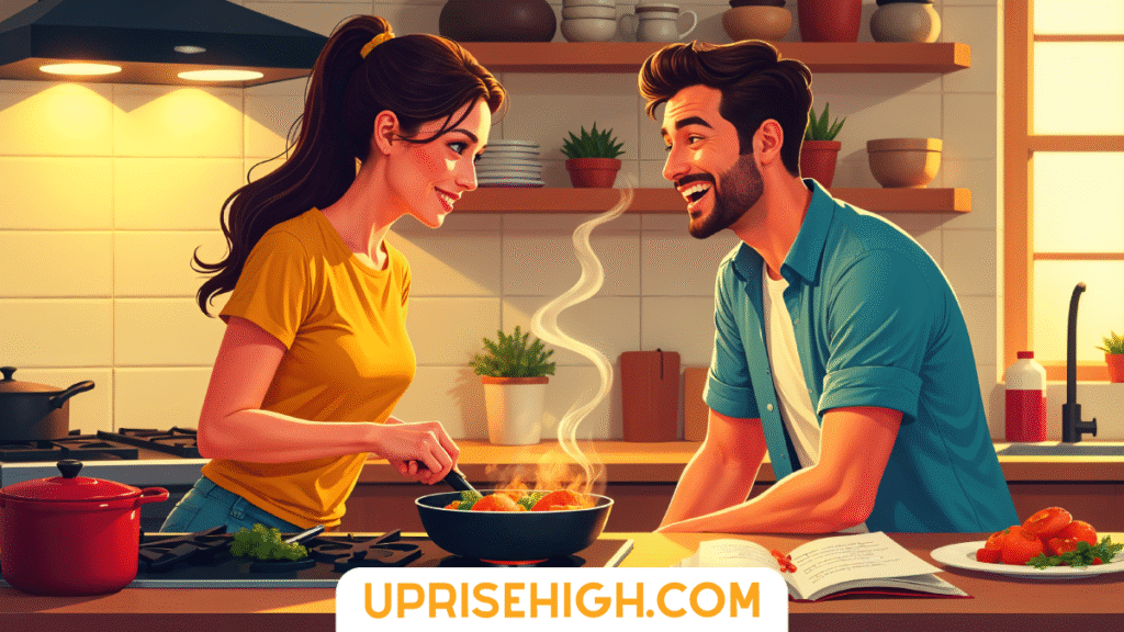 How to Make Your Boyfriend Feel Special (From a Guy's POV) 7 Illustration of a happy couple cooking together in a modern kitchen, with a woman in a yellow shirt stirring food in a pan while a man in a teal shirt laughs beside her with an open cookbook