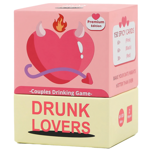 Ditch Netflix: Try These 20 Intimate Bedroom Dates 5 Product image of "DRUNK LOVERS" couples drinking game in a two-tone pink and cream box featuring a devil heart with horns, tail and flame. Labeled "Premium Edition" with "150 SPICY CARDS" and text saying "MAKE YOUR DATE NIGHTS HOTTER THAN EVER."