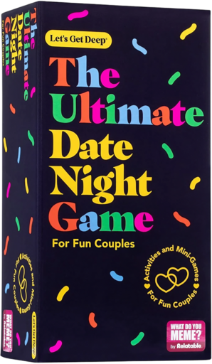 Ditch Netflix: Try These 20 Intimate Bedroom Dates 6 Product image of "The Ultimate Date Night Game For Fun Couples" by Relatable featuring vibrant multi-colored typography on a black background with "Let's Get Deep" at the top, colorful confetti-like designs, and circular emblem mentioning "Activities and Mini-Games For Fun Couples."
