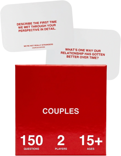 Ditch Netflix: Try These 20 Intimate Bedroom Dates 2 Product image of a conversation card game called "WE'RE NOT REALLY STRANGERS COUPLES EDITION" with a red box displaying "150 QUESTIONS 2 PLAYERS 15+ AGES" and sample cards showing relationship questions like "DESCRIBE THE FIRST TIME WE MET THROUGH YOUR PERSPECTIVE IN DETAIL" and "WHAT'S ONE WAY OUR RELATIONSHIP HAS GOTTEN BETTER OVER TIME?"
