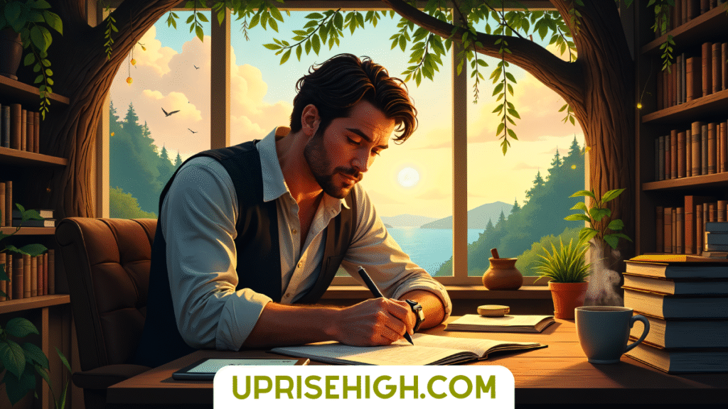 My Honest Bucket List: 31 Things I Wish to Do Before I Die 6 Illustration of a bearded man in a vest and white shirt writing at a desk surrounded by bookshelves, with a picturesque sunset lake view through a window framed by tree branches