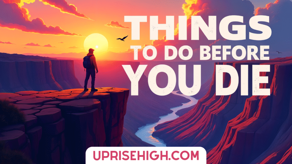 Illustration of a silhouetted hiker standing on a canyon cliff edge overlooking a dramatic sunset landscape with text overlay reading "THINGS TO DO BEFORE YOU DIE"