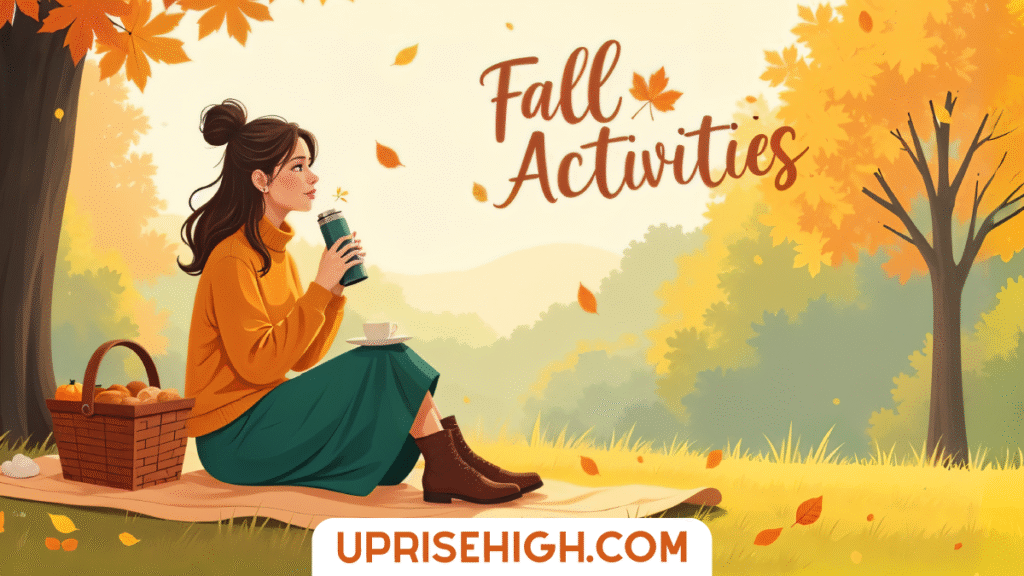 A woman in an orange sweater sits on a wooden bench drinking from a thermos, surrounded by autumn trees and falling leaves with "Fall Activities" text overlay.