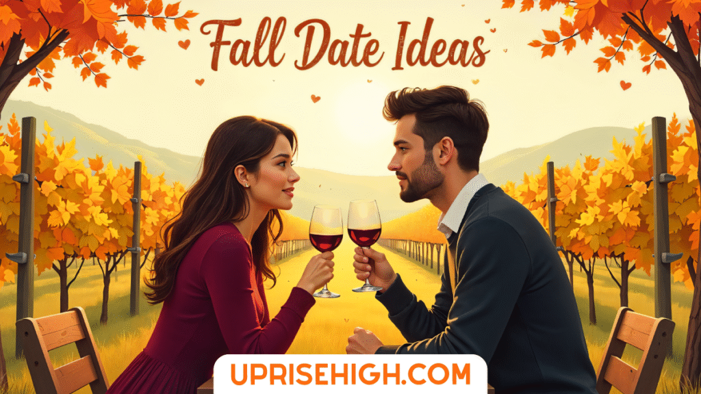 A couple toasts with wine glasses in an autumn vineyard setting with golden fall foliage and "Fall Date Ideas" text overlay