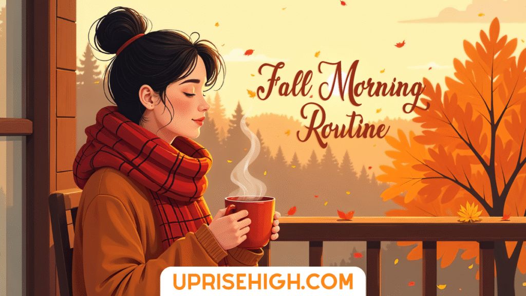 A woman in a plaid scarf holds a steaming mug while looking out at autumn foliage from a wooden deck, with "Fall Morning Routine" text overlay.