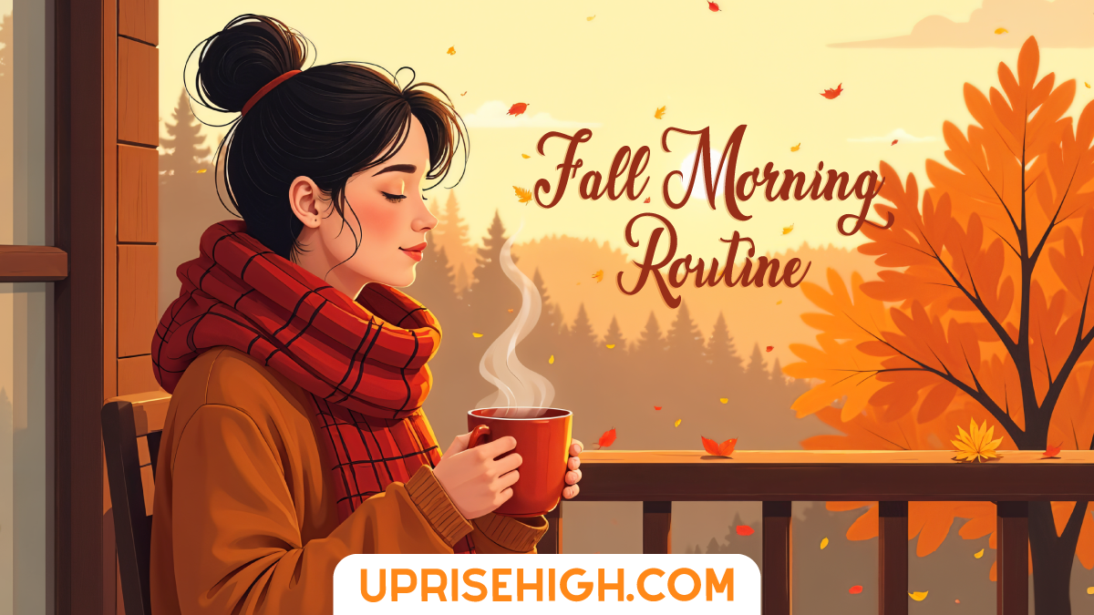 A woman in a plaid scarf holds a steaming mug while looking out at autumn foliage from a wooden deck, with "Fall Morning Routine" text overlay.