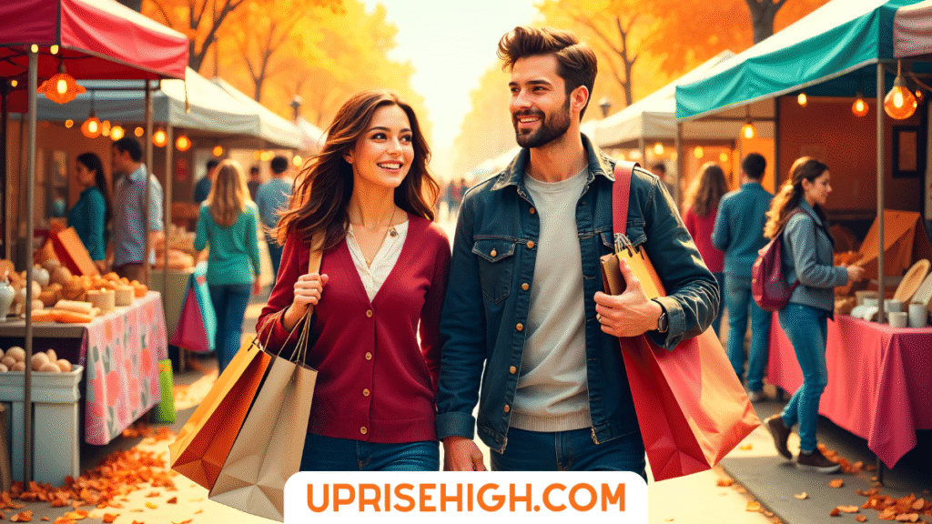 A smiling couple walks through an autumn farmers market carrying shopping bags, surrounded by colorful vendor tents and fall foliage