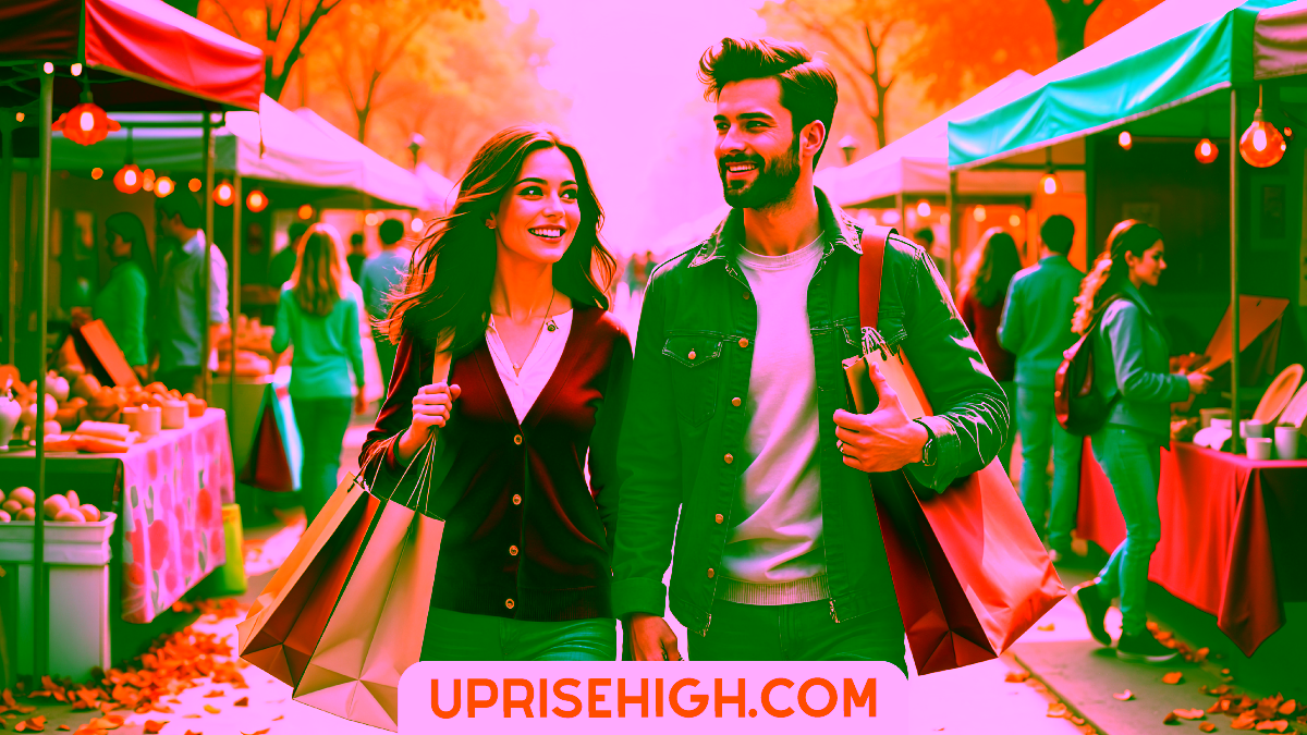 A smiling couple walks through an autumn farmers market carrying shopping bags, surrounded by colorful vendor tents and fall foliage