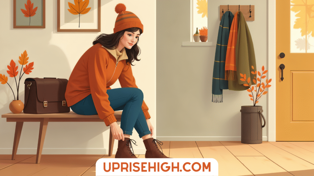 A woman in an orange sweater and knit hat sits on a wooden bench putting on brown boots, surrounded by autumn decor including framed leaf art and hanging scarves.