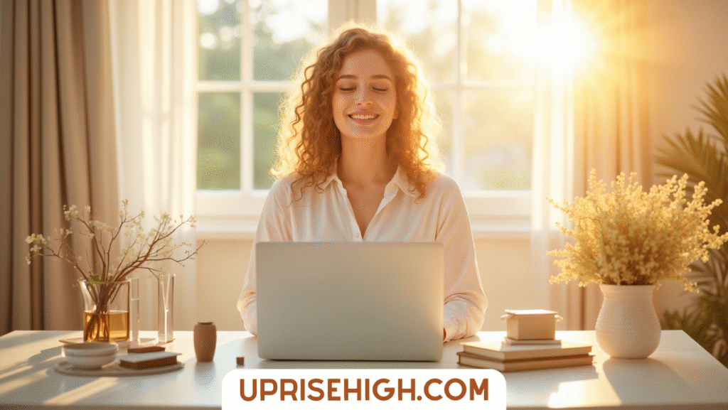 This Will Find You When It's Time to Reset Your Life 2 A smiling woman with curly hair works on a laptop at a bright desk with flowers, books, and warm sunlight streaming through windows.