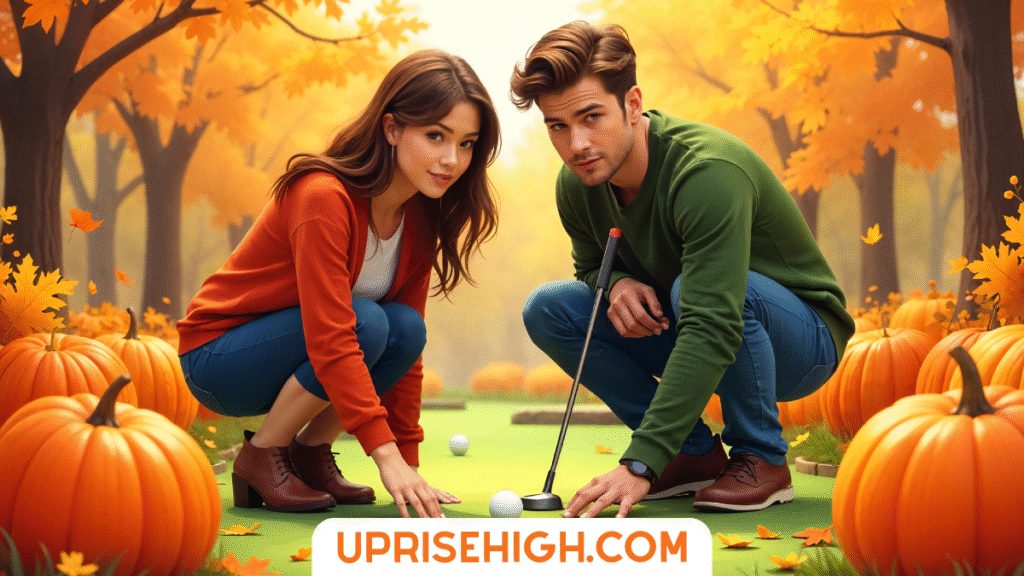 A couple crouches on a putting green surrounded by autumn pumpkins and fall trees, with the man holding a golf putter near golf balls.