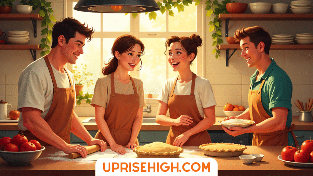 Finally! 18 Fall Activities That Don't Suck for Adults 3 Four people in aprons work together in a bright kitchen, preparing pastries and pies with fresh ingredients and baking tools around them.