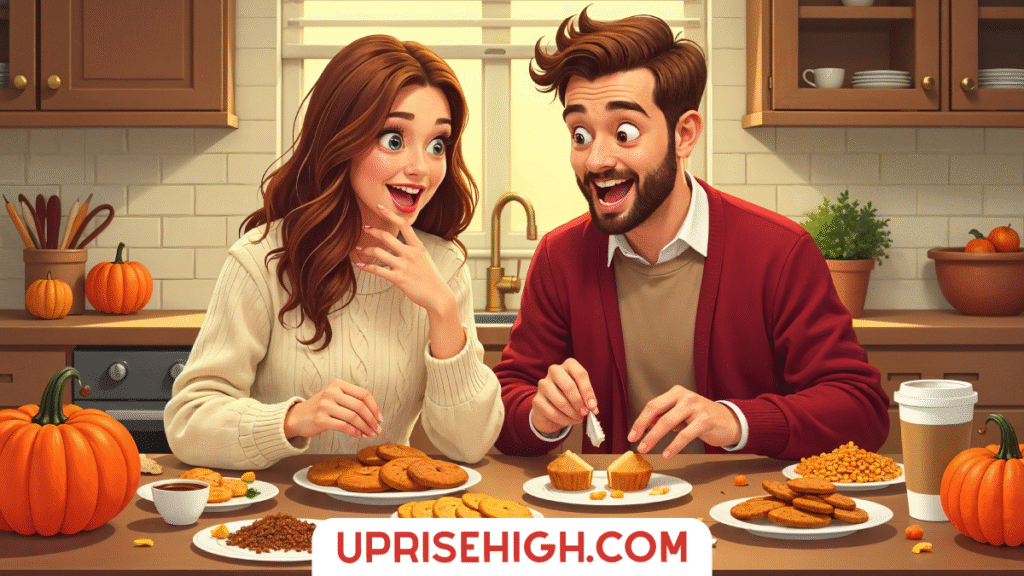 A surprised couple sits at a kitchen counter surrounded by autumn decorations and various baked goods including muffins, cookies, and pastries.
