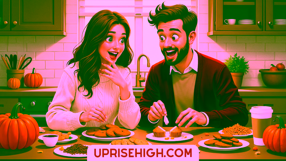 A surprised couple sits at a kitchen counter surrounded by autumn decorations and various baked goods including muffins, cookies, and pastries.