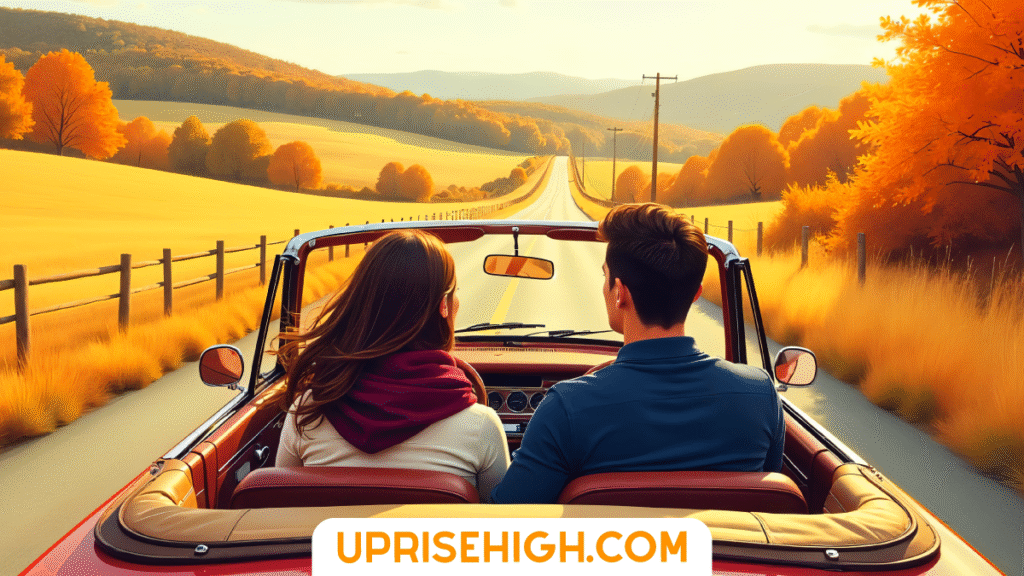 A couple drives a convertible car through a scenic autumn countryside with golden fields and orange fall foliage