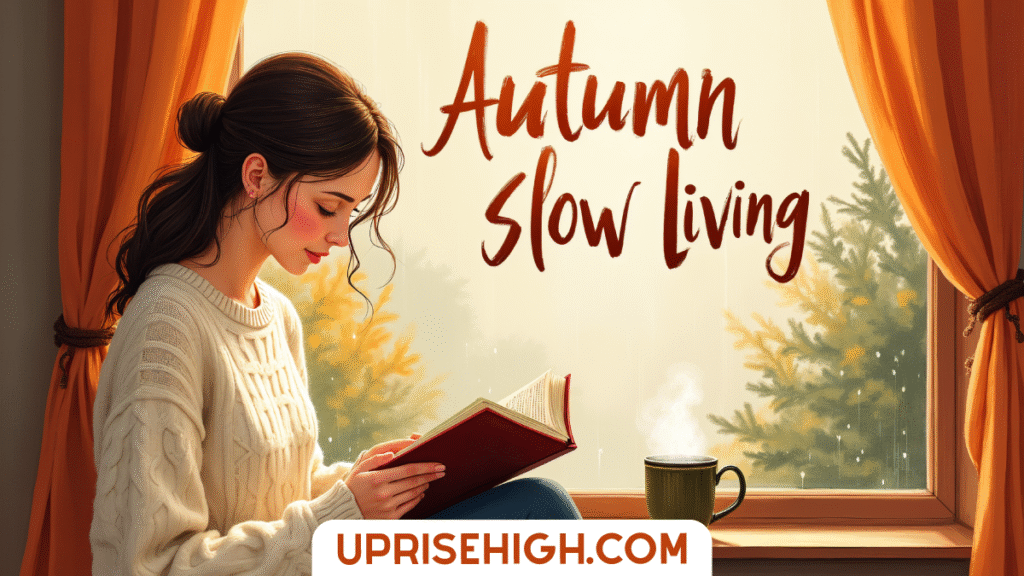 A woman in a cream sweater reads a book by a window with orange curtains, with "Autumn Slow Living" text overlay and autumn foliage visible outside.