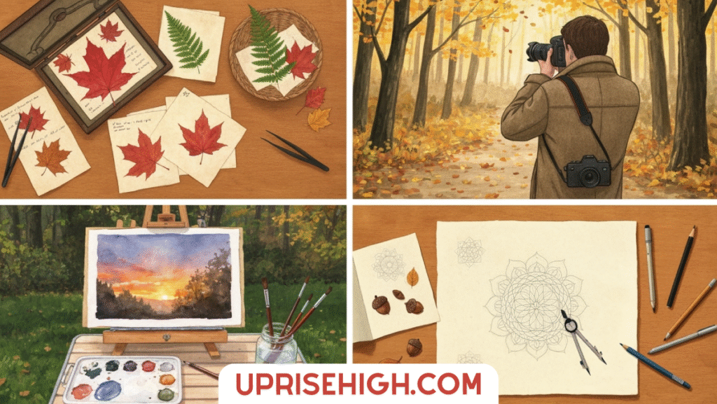 How I'm Practicing Slow Living This Fall (You Should Too!) 5 Four panels showing autumn creative activities: pressed leaf crafts and framing, a photographer capturing fall scenes in the woods, plein air painting outdoors, and geometric drawing with compass and natural elements.