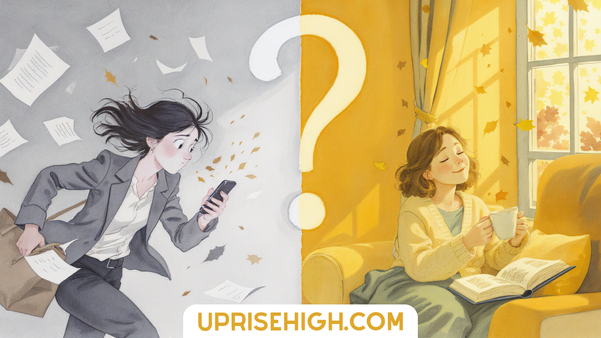 A split illustration showing a stressed businesswoman surrounded by flying papers on the left contrasted with a peaceful woman reading with tea in a cozy autumn setting on the right.