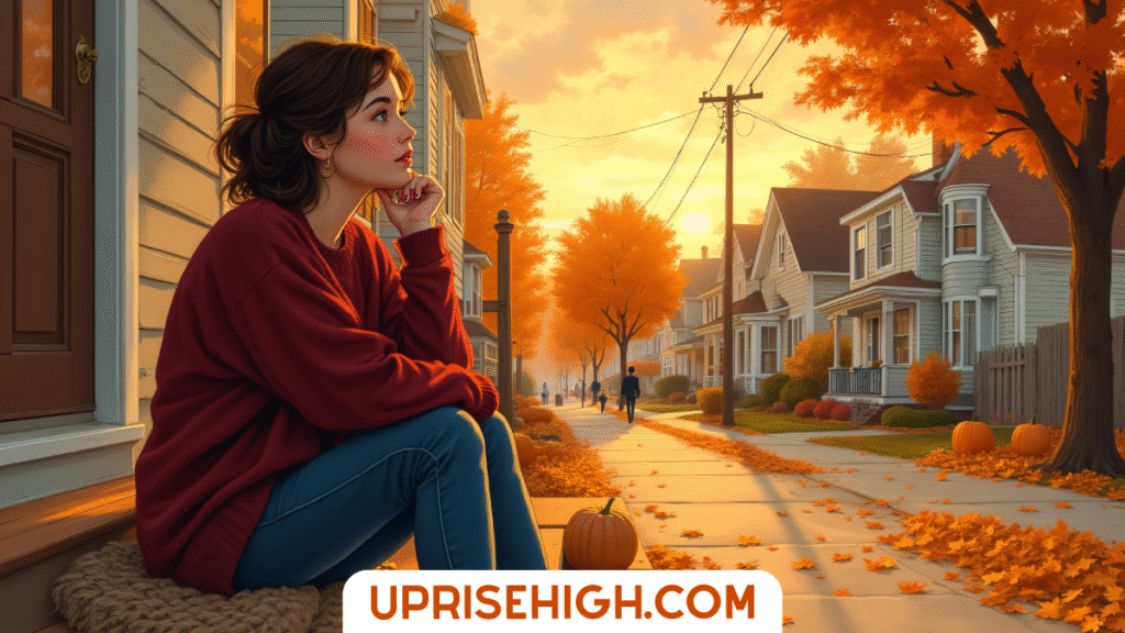 How I'm Practicing Slow Living This Fall (You Should Too!) 3 A woman in a red sweater sits thoughtfully on front porch steps overlooking a quiet suburban neighborhood with autumn foliage and fallen leaves.