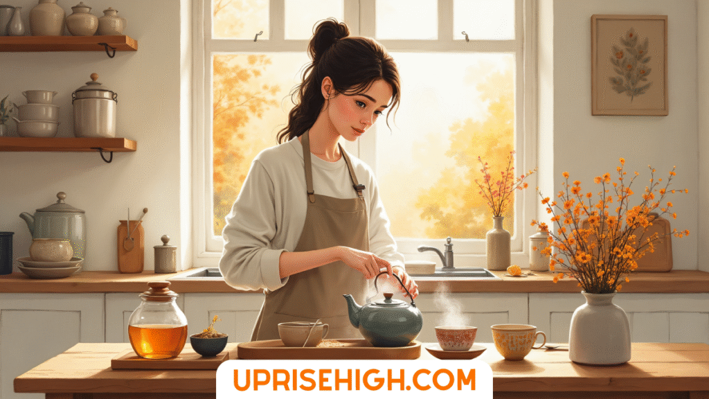 How I'm Practicing Slow Living This Fall (You Should Too!) 6 A woman in an apron prepares tea in a bright kitchen, pouring from a teapot surrounded by various cups, teaware, and autumn flowers by the window.