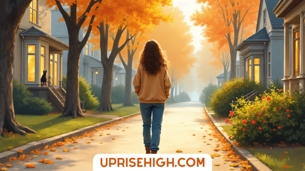 How I'm Practicing Slow Living This Fall (You Should Too!) 4 A woman in a tan hoodie walks down a tree-lined residential street surrounded by autumn foliage and warm evening light from house windows.