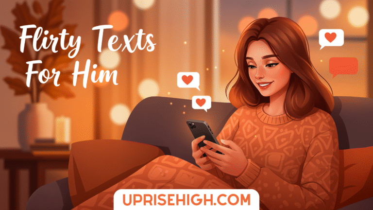 A woman in an orange cable-knit sweater sits on a couch texting on her phone with floating heart message bubbles around her, with "Flirty Texts For Him" text overlay in a cozy living room setting