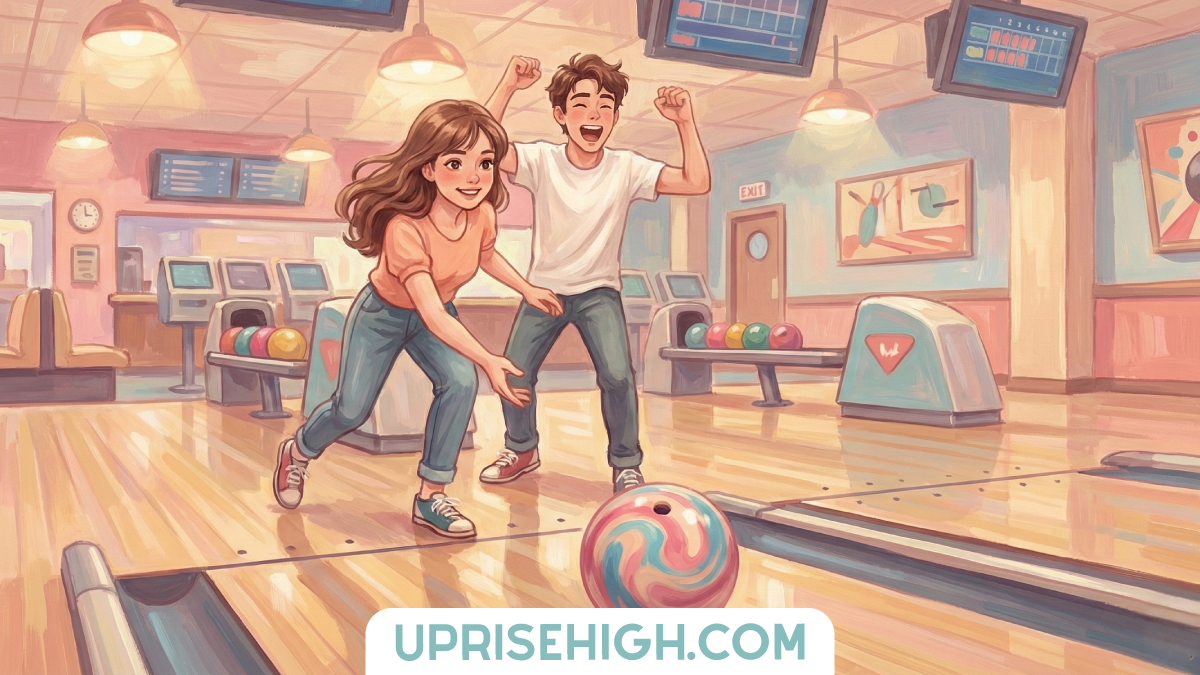 Illustration of two teenagers bowling together, with a girl in mid-throw and a boy celebrating with raised fists in a retro-styled bowling alley with pendant lights and scoring screens, with "UPRISEHIGH.COM" displayed at the bottom.