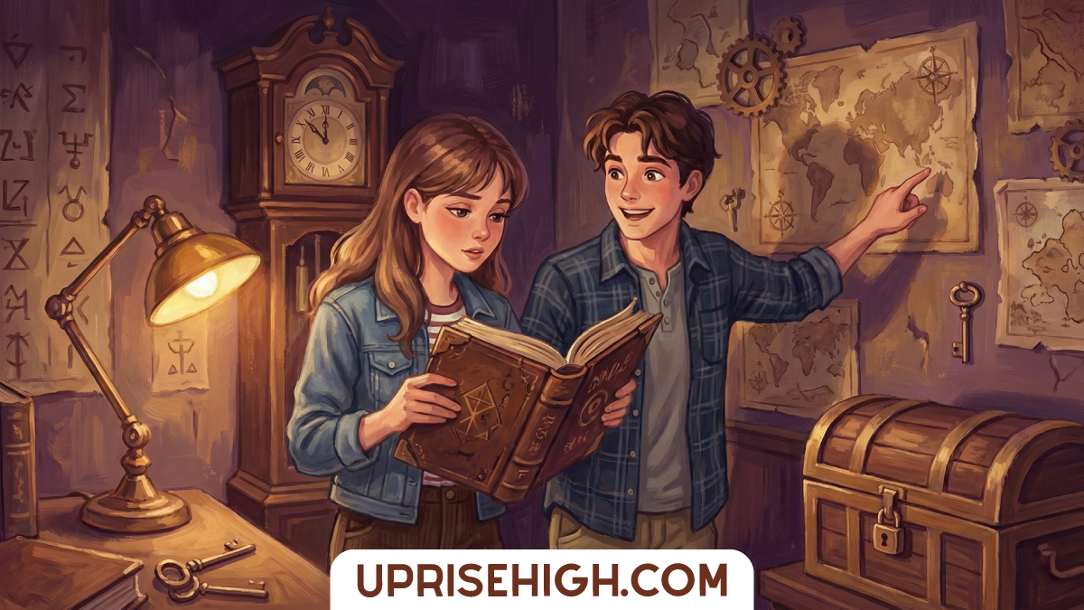 Illustration of two teenagers solving puzzles in an escape room themed with vintage mystery elements - grandfather clock, treasure chest, old maps, and antique keys - with "UPRISEHIGH.COM" at the bottom.
