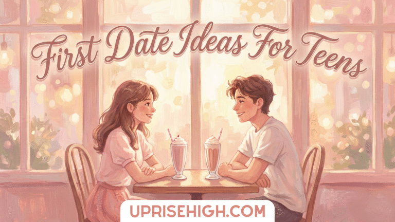 23 Exciting First Date Ideas For Teens (Free or Cheap) 2 Soft, pastel-toned illustration of two teenagers on a first date at a retro diner, sitting across from each other at a table with milkshakes, with dreamy bokeh lighting through windows and text reading "First Date Ideas For Teens" at the top and "UPRISEHIGH.COM" at the bottom.