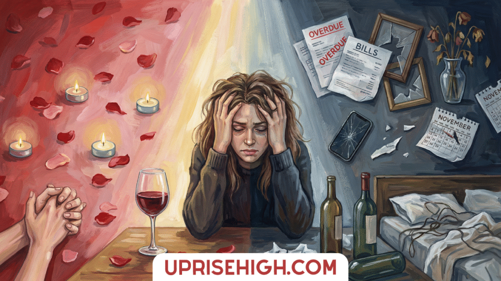 Symbolic split-screen painting showing a distressed woman holding her head - left side shows romantic imagery with rose petals, candles and clasped hands in warm tones; right side depicts stress with overdue bills, broken phone, wilted flowers and unmade bed in cool tones, with "UPRISEHIGH.COM" at the bottom.