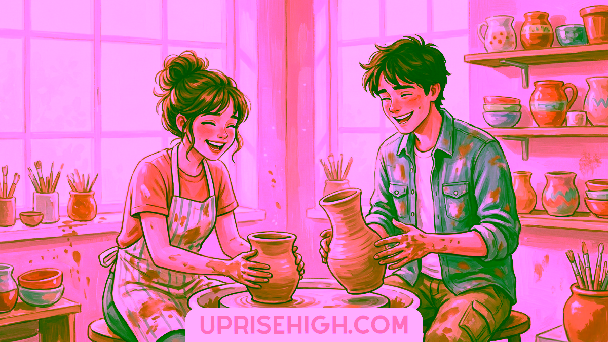 Watercolor-style illustration of two teenagers in a pottery studio working on clay pottery together at a pottery wheel, surrounded by colorful ceramics and art supplies on shelves, with "UPRISEHIGH.COM" at the bottom.
