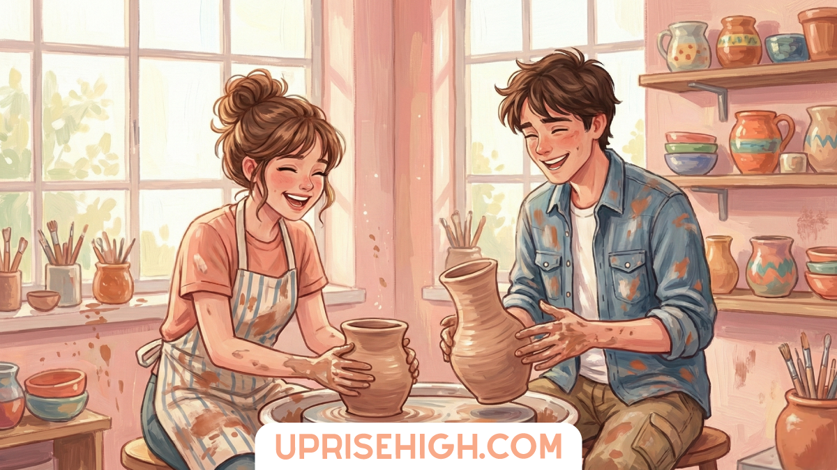 Watercolor-style illustration of two teenagers in a pottery studio working on clay pottery together at a pottery wheel, surrounded by colorful ceramics and art supplies on shelves, with "UPRISEHIGH.COM" at the bottom.