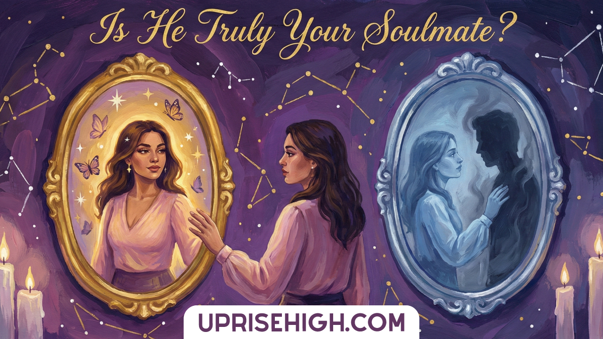Mystical illustration showing a woman looking at two ornate mirrors against a starry purple background - one golden mirror showing her reflection with butterflies and sparkles, another silver-blue mirror showing a romantic couple embracing, with "Is He Truly Your Soulmate?" in gold script at the top and "UPRISEHIGH.COM" at the bottom.
