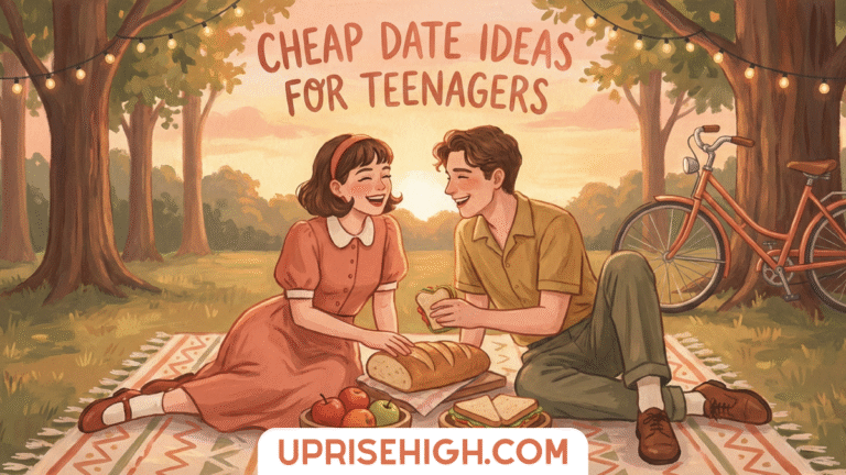20 Aesthetic & Budget Friendly Date Ideas for Teenagers 3 Vintage-style illustration of two teenagers on a picnic under string lights with a bicycle nearby, with text reading "CHEAP DATE IDEAS FOR TEENAGERS"