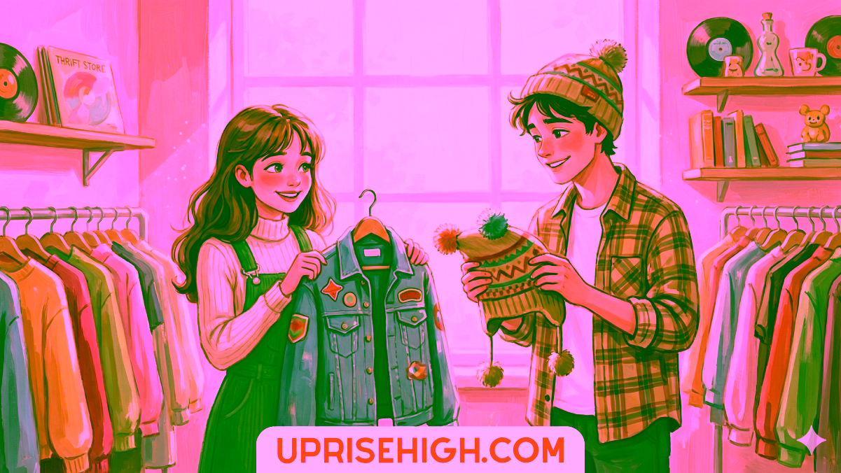 Soft watercolor-style illustration of two teenagers thrift shopping together in a cozy vintage store, examining clothing items (a denim jacket and colorful sweater) with clothing racks and shelves of vinyl records and books in the background, with "UPRISEHIGH.COM" displayed at the bottom.