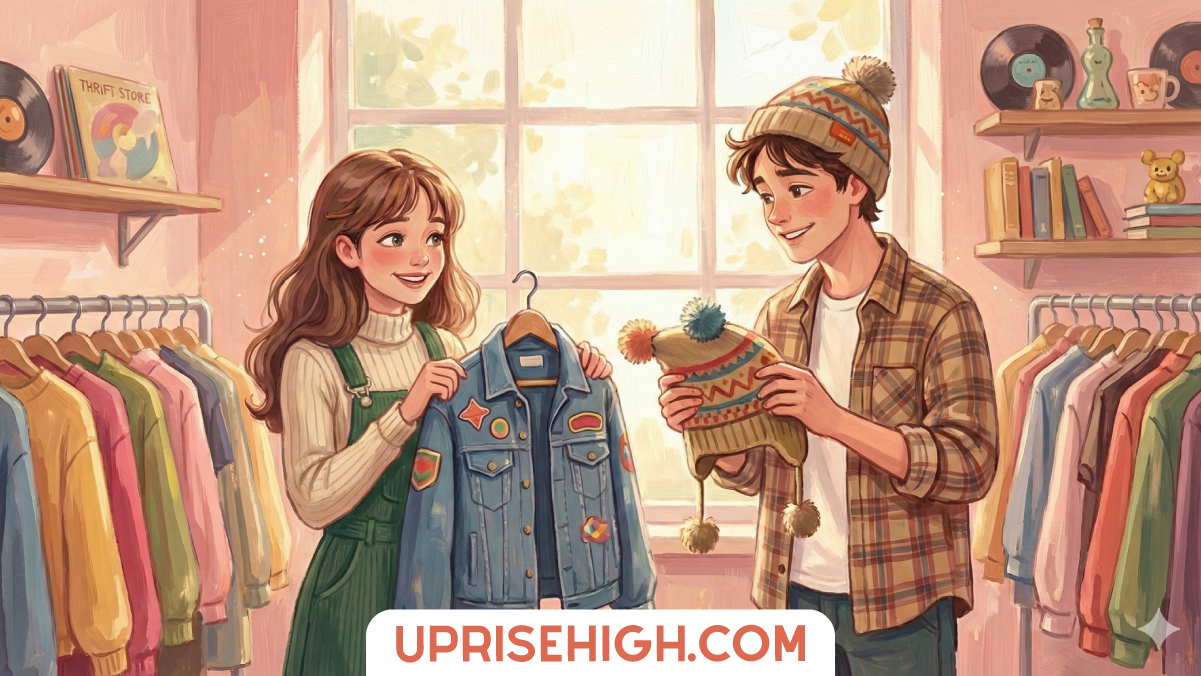 Soft watercolor-style illustration of two teenagers thrift shopping together in a cozy vintage store, examining clothing items (a denim jacket and colorful sweater) with clothing racks and shelves of vinyl records and books in the background, with "UPRISEHIGH.COM" displayed at the bottom.