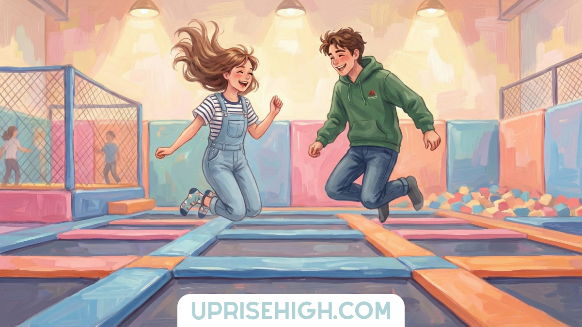 Illustration of two teenagers jumping joyfully on colorful trampolines at an indoor trampoline park with foam pits and other activity areas visible in the background, with "UPRISEHIGH.COM" displayed at the bottom.