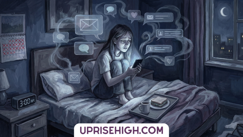 Monochromatic illustration depicting a woman sitting in bed at 3:00 AM looking at her phone, surrounded by floating ghostly message bubbles and notification icons, with an untouched breakfast tray beside her, with "UPRISEHIGH.COM" displayed at the bottom.