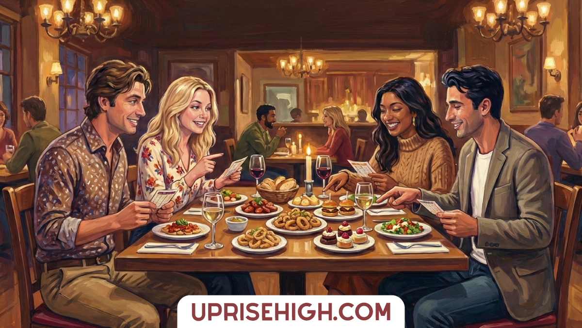 Stop Doing Dinner Double Dates! Do These Instead 1 Two couples enjoying a double date at an upscale restaurant, sharing appetizers and wine at a candlelit table in a warmly lit dining room with chandeliers and other diners in the background.
