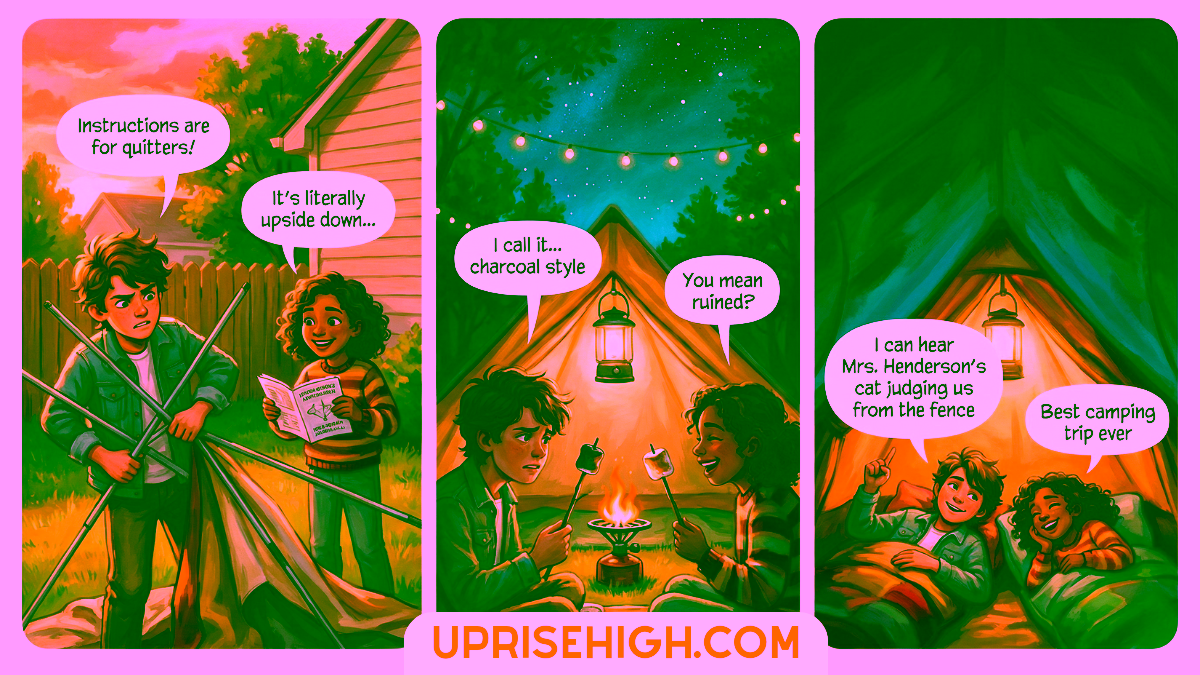 13 Free Spring Date Ideas That Are Actually Fun (Not Boring) 3 A three-panel comic showing a couple's camping adventure: first struggling to set up a tent with upside-down instructions in their backyard at sunset, then roasting burnt marshmallows over a campfire under string lights calling it "charcoal style," and finally lying contentedly in their tent at night hearing the neighbor's cat outside, declaring it the "best camping trip ever."