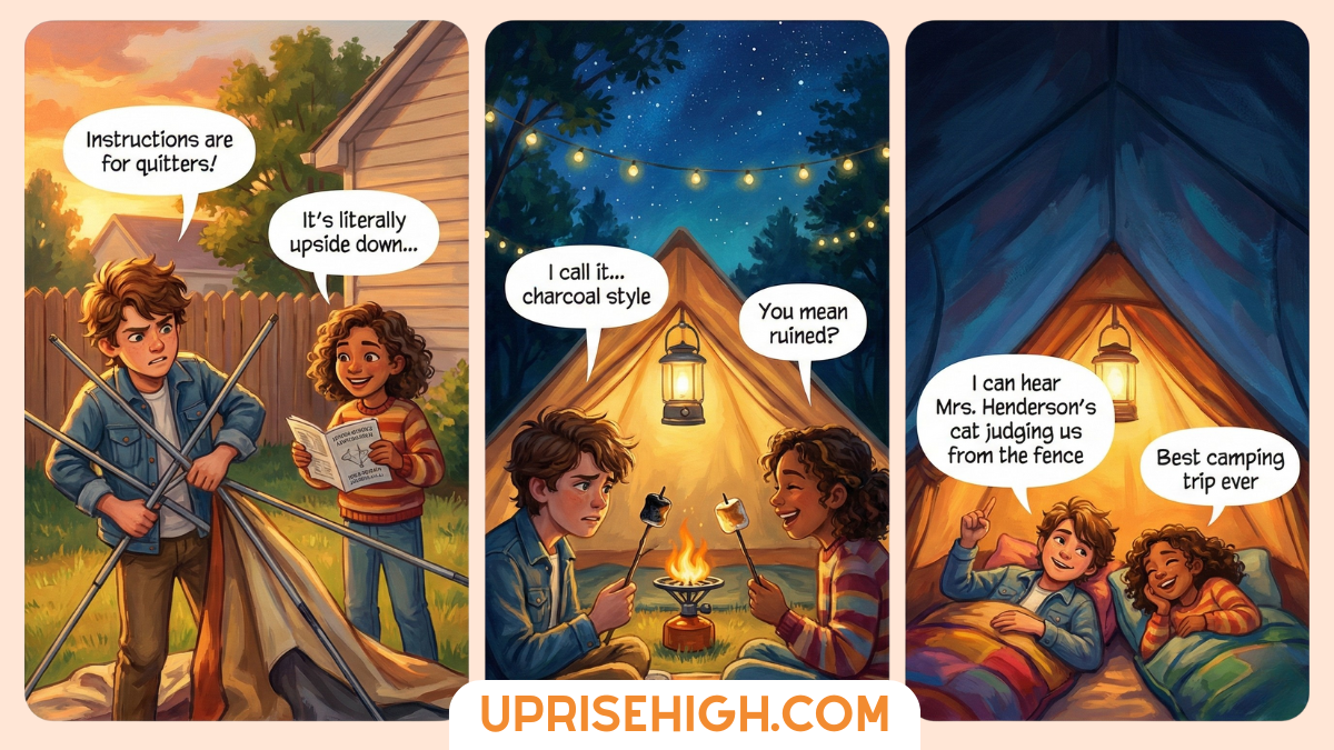 A three-panel comic showing a couple's camping adventure: first struggling to set up a tent with upside-down instructions in their backyard at sunset, then roasting burnt marshmallows over a campfire under string lights calling it "charcoal style," and finally lying contentedly in their tent at night hearing the neighbor's cat outside, declaring it the "best camping trip ever."
