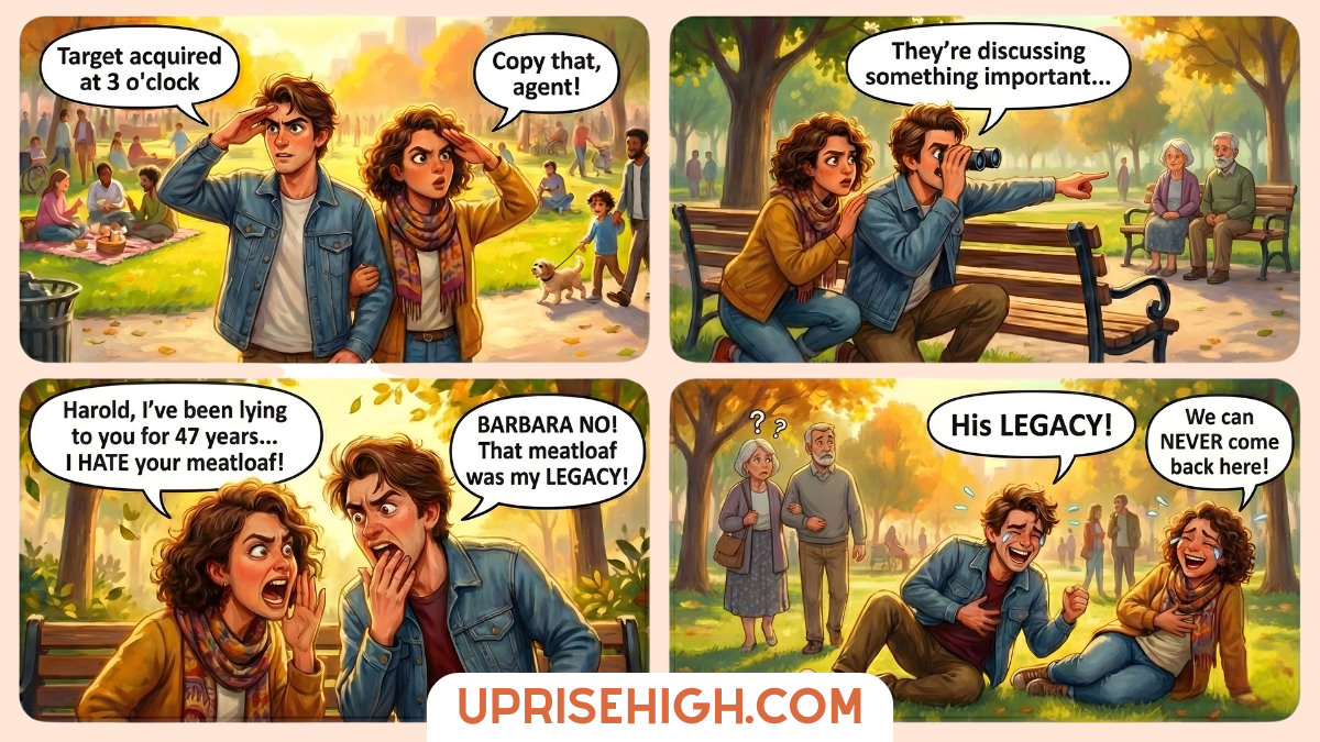 A four-panel comic strip showing a couple pretending to be spies in a park: they spot a "target" and use binoculars to eavesdrop on an elderly couple on a bench, overhearing a dramatic confession about hating meatloaf for 47 years, then dissolving into laughter about the couple's "legacy" being meatloaf.