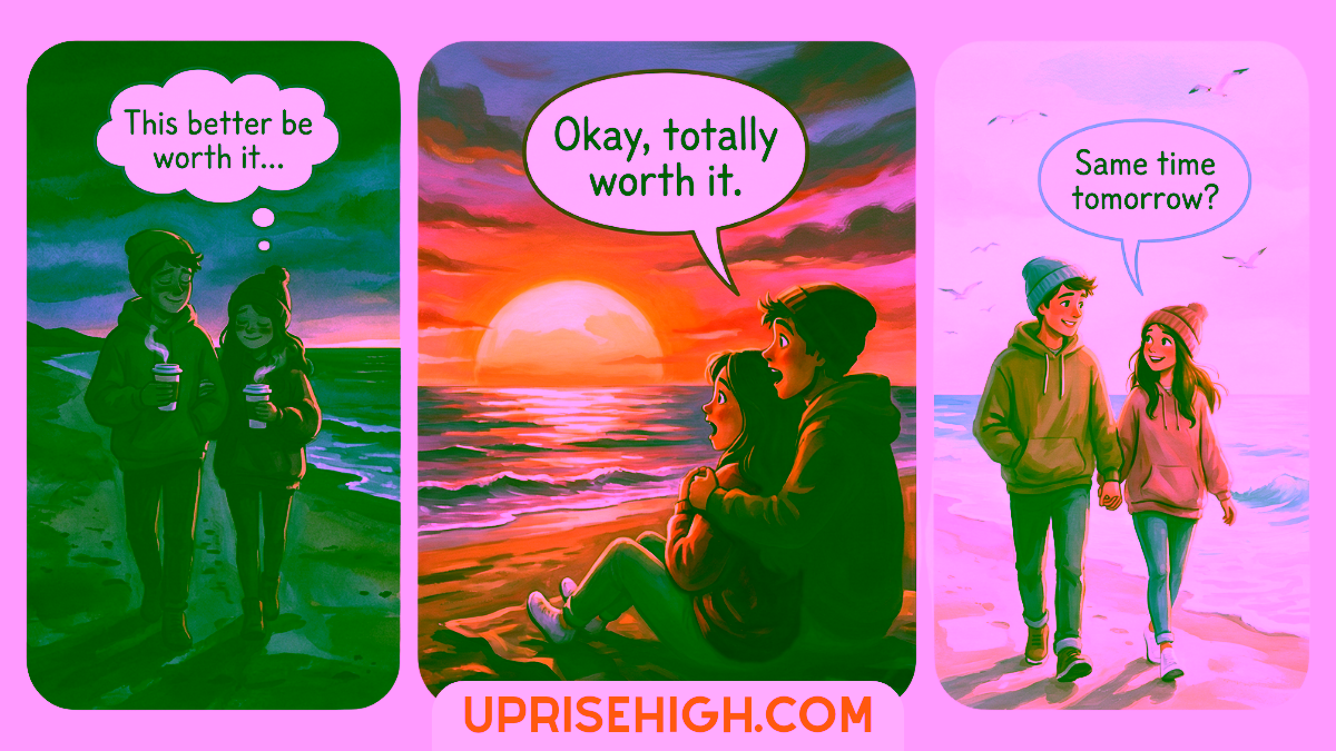13 Free Spring Date Ideas That Are Actually Fun (Not Boring) 1 A three-panel comic of a couple's beach sunrise routine: in the first panel they wake up early in the dark thinking "This better be worth it," in the second they sit together watching a spectacular sunrise saying "Okay, totally worth it," and in the third they walk along the sunny beach planning to do it again tomorrow.